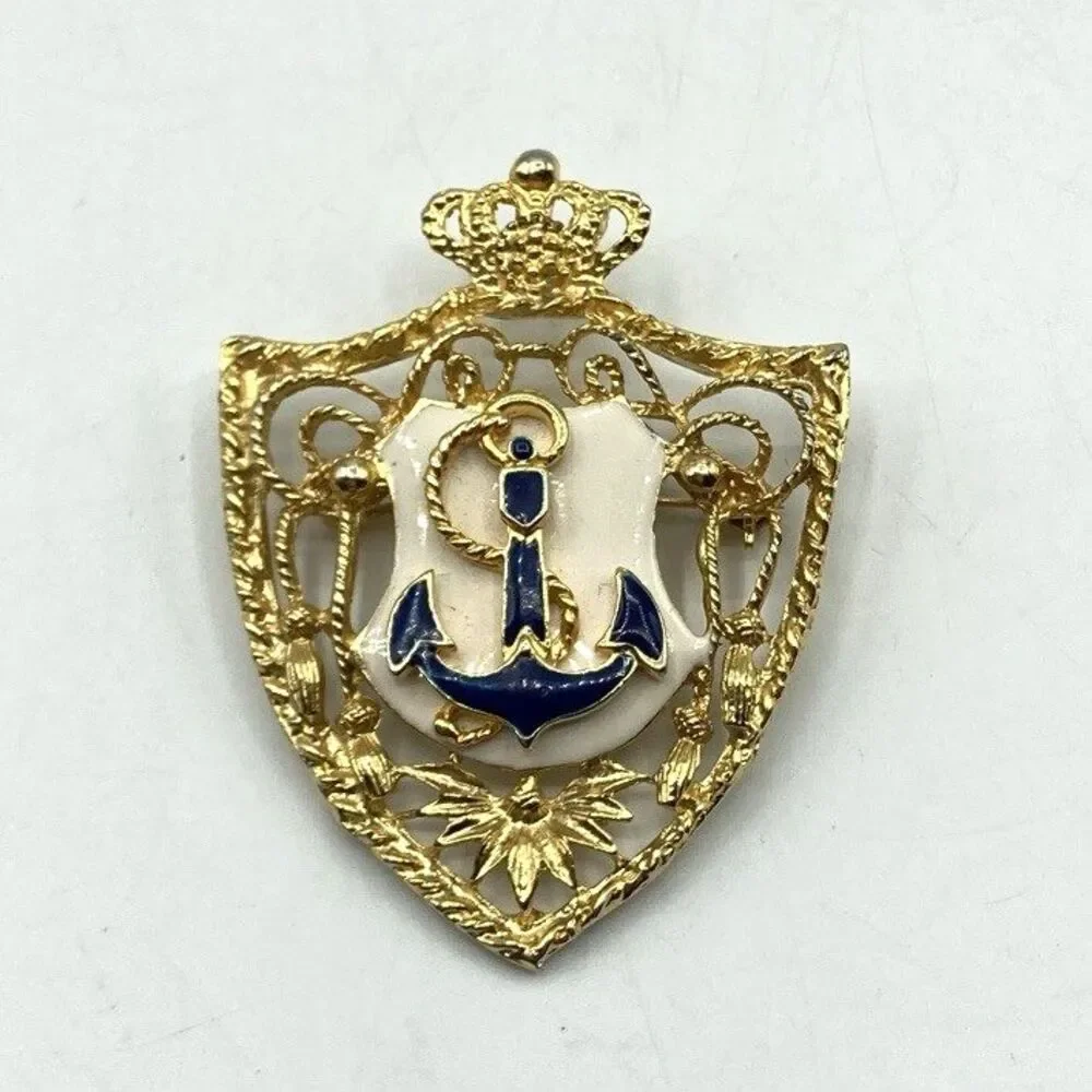 Vtg Gold Tone Blue Enamel Anchor Nautical Crest Brooch Pin Crown Shield 2.75